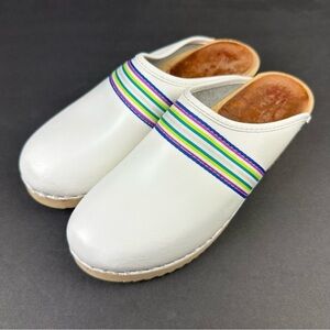 Swedish Clog 37 White Striped Rainbow Wood Leather Slip On Shoes Womens